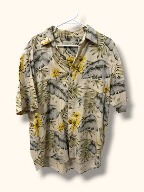 Portofino Silk Hawaiian Shirt Mens L Floral Palm Short Sleeve Cream Button Up